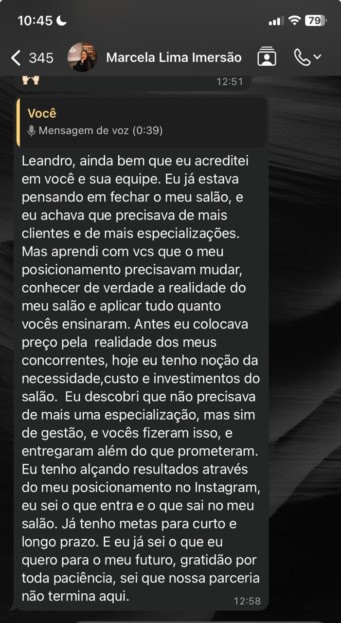 Depoimento de Marcela Lima por WhatsApp sobre a transformação no seu salão